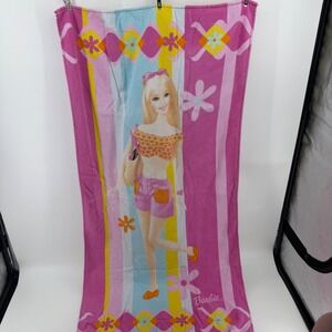 Vintage 2002 Barbie Mattel Pink Striped Beach Towel Franco Mfg Cotton Y2K Retro